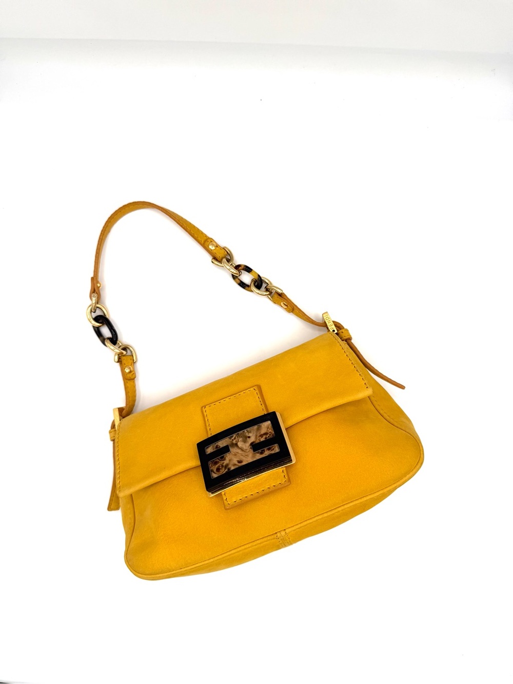 Fendi Yellow Mini Mamma Baguette Shoulder Bag with Tortoiseshell Buckle
